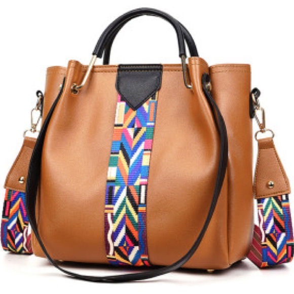 Last - New 4 Piece set of Brown Faux Leather Bag w/ Bright Reversible Straps - Picture 6 of 15